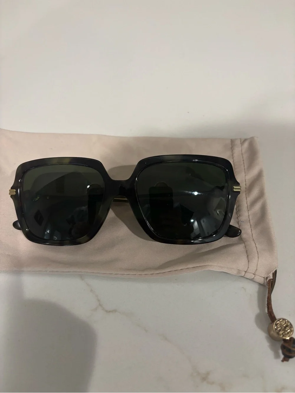 Tory Burch Black Tortoiseshell Square Sunglasses with Orange Case